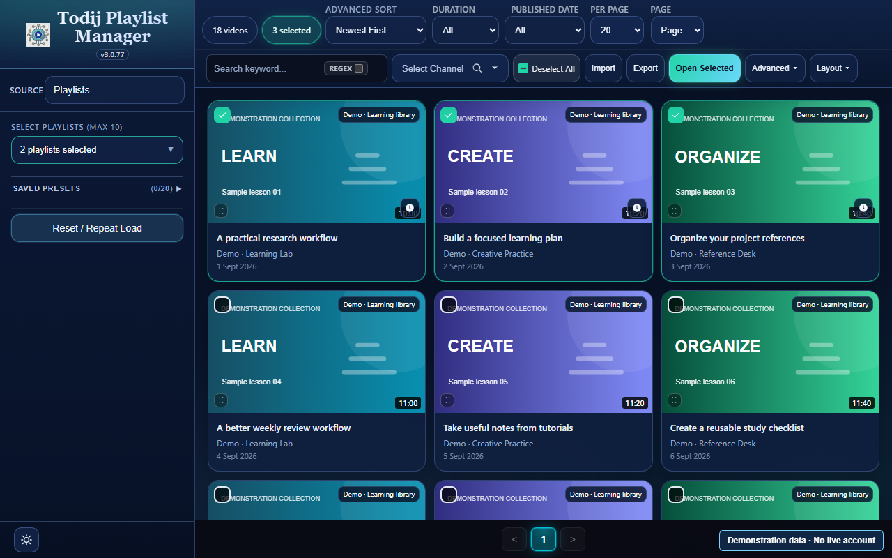 TPM workspace with sample videos, source controls, filters and selection tools